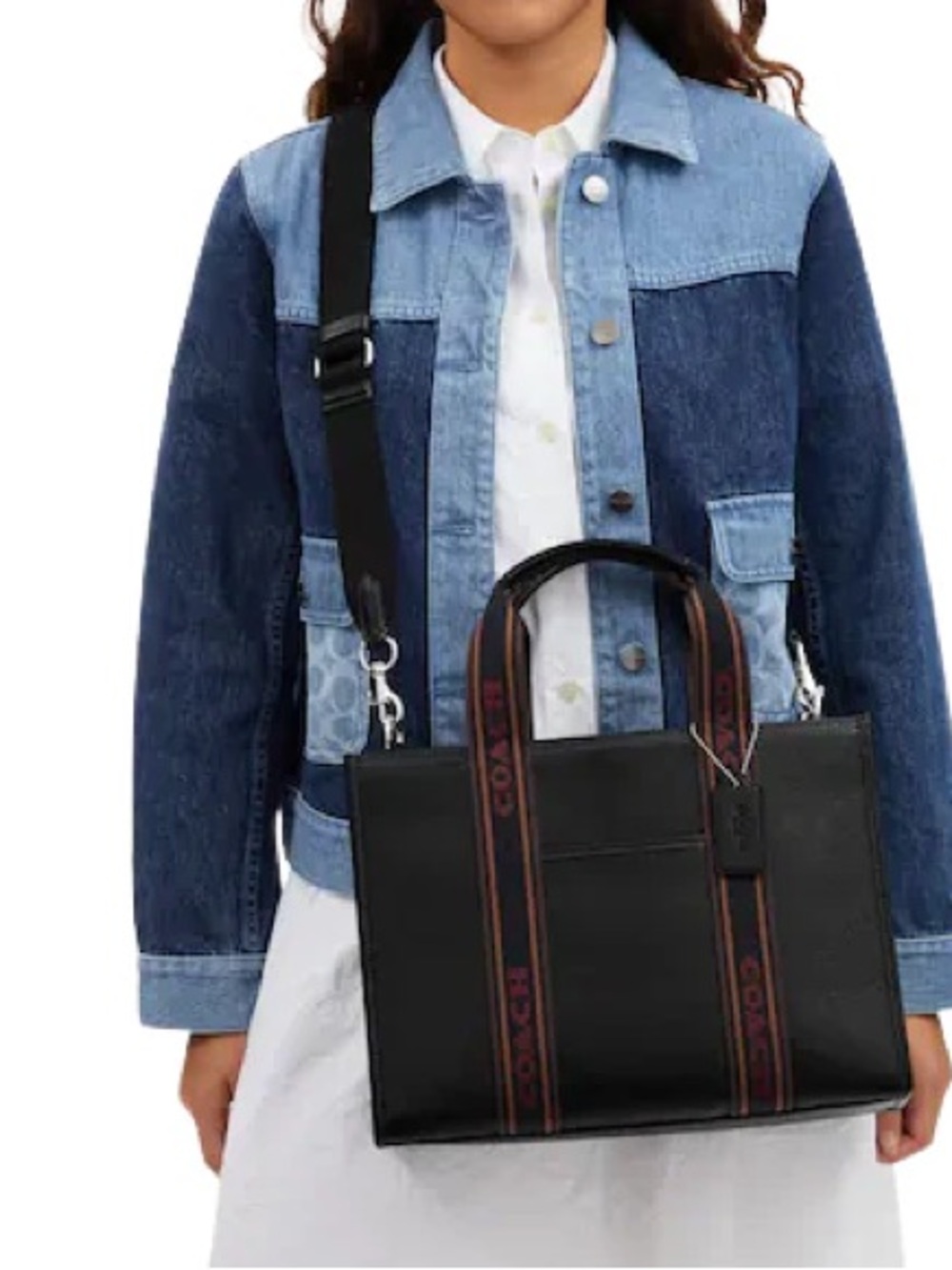 Coach Black Pebbled Tote with Logo Accent, Detachable Strap, Double Handles - Picture 5 of 17